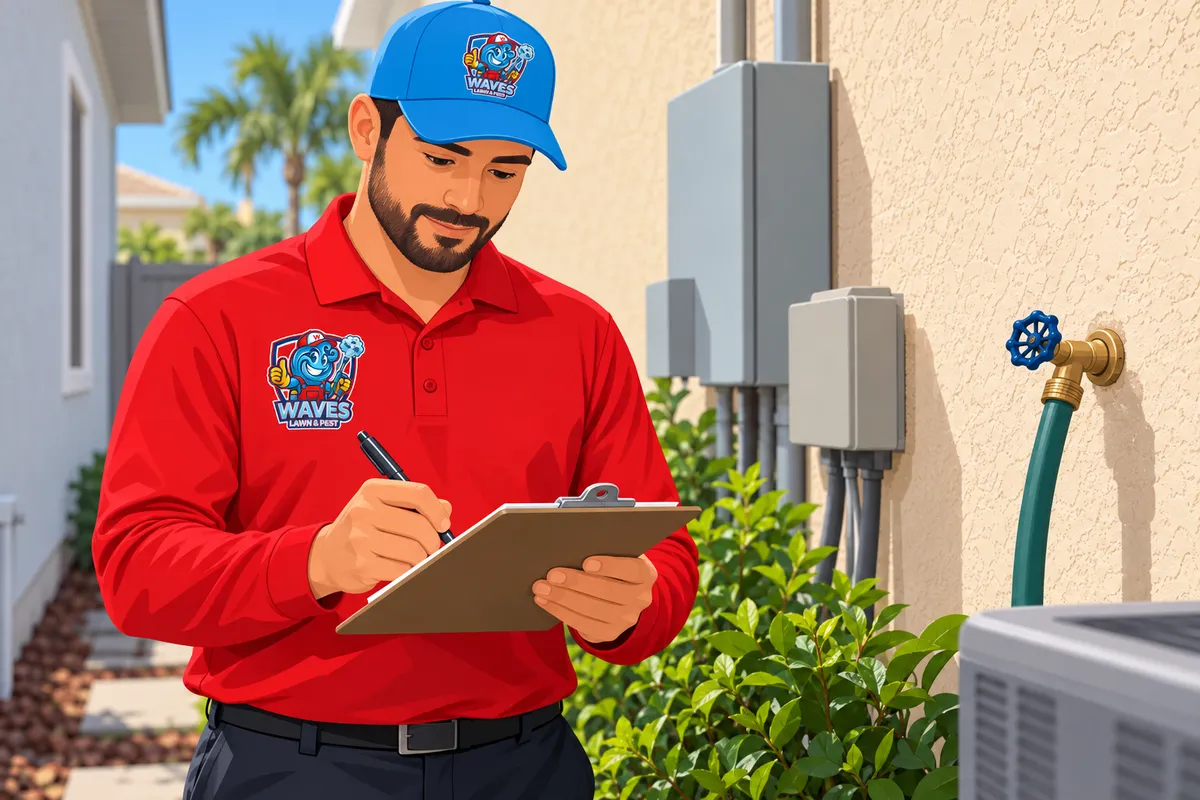 A technician in a red shirt and blue cap writes on a clipboard beside a stucco house with palms and shrubs.