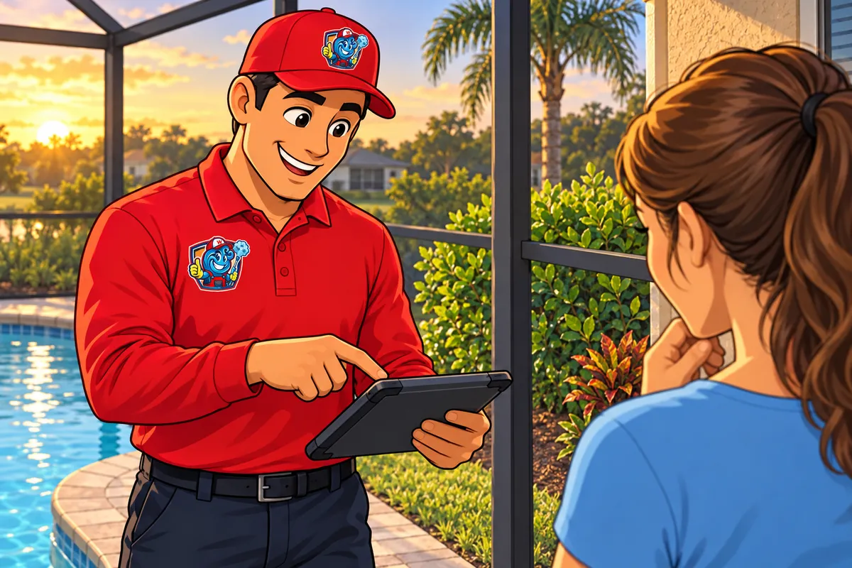 Smiling worker in red shirt and cap shows a tablet to a woman beside a screened pool at sunset with palms.