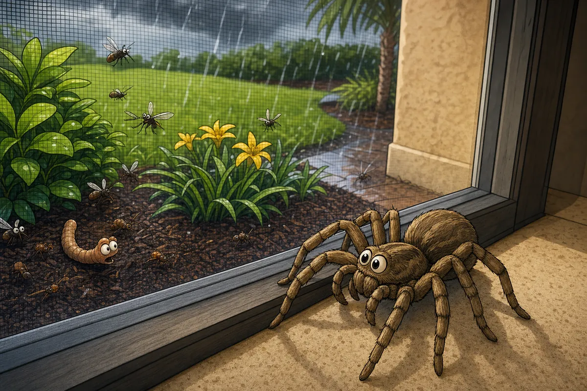 Illustration of spiders in Southwest Florida homes, showing an oversized brown spider on a lanai beside a rainy screened garden.