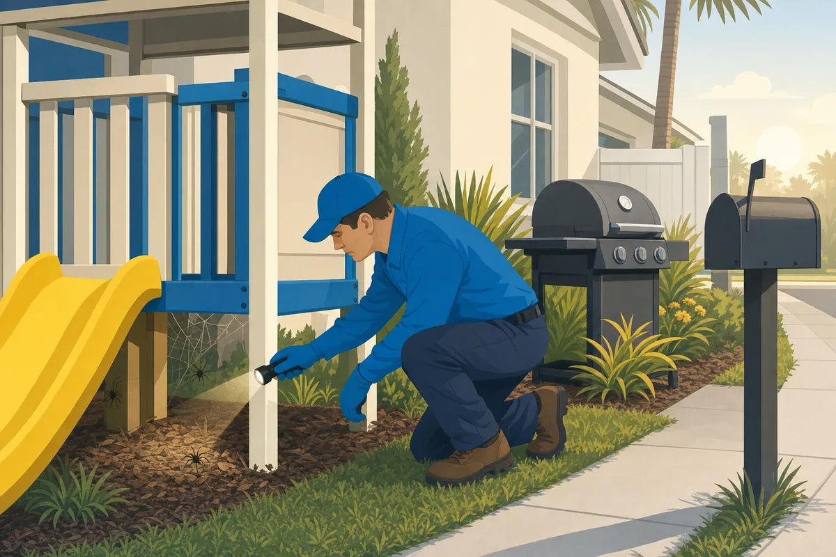 Illustration of a pest control worker shining a flashlight at spiders and webs under a playset beside a Florida home.
