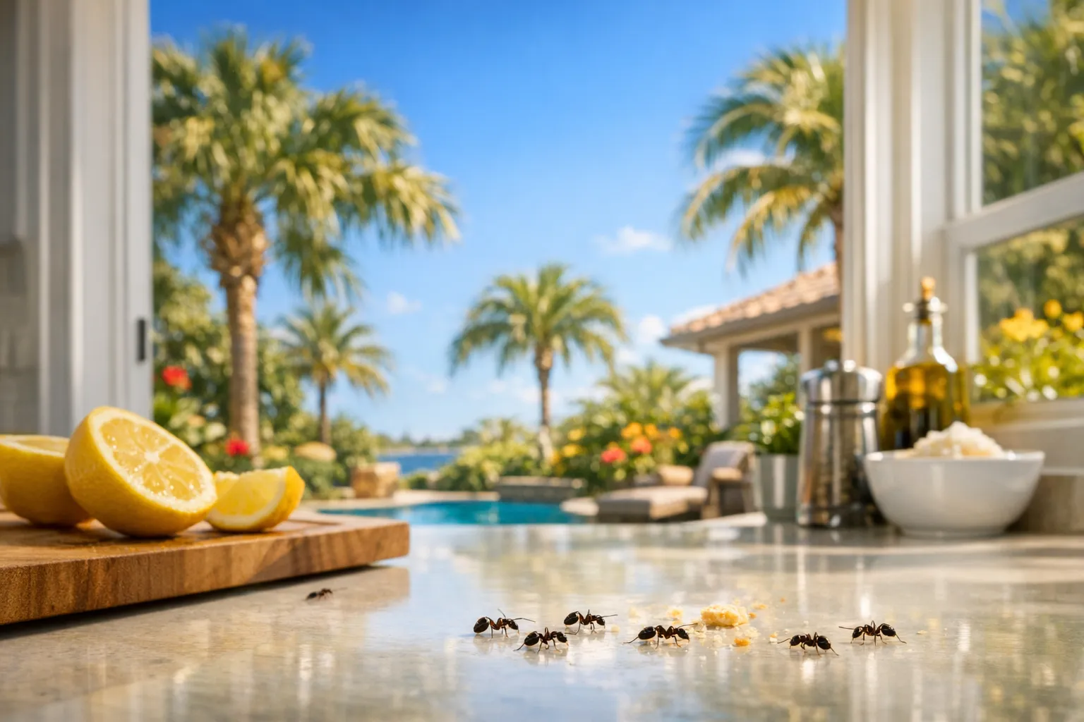 Several tiny ants gather around food crumbs on a kitchen counter with cut lemons and a poolside palm view.