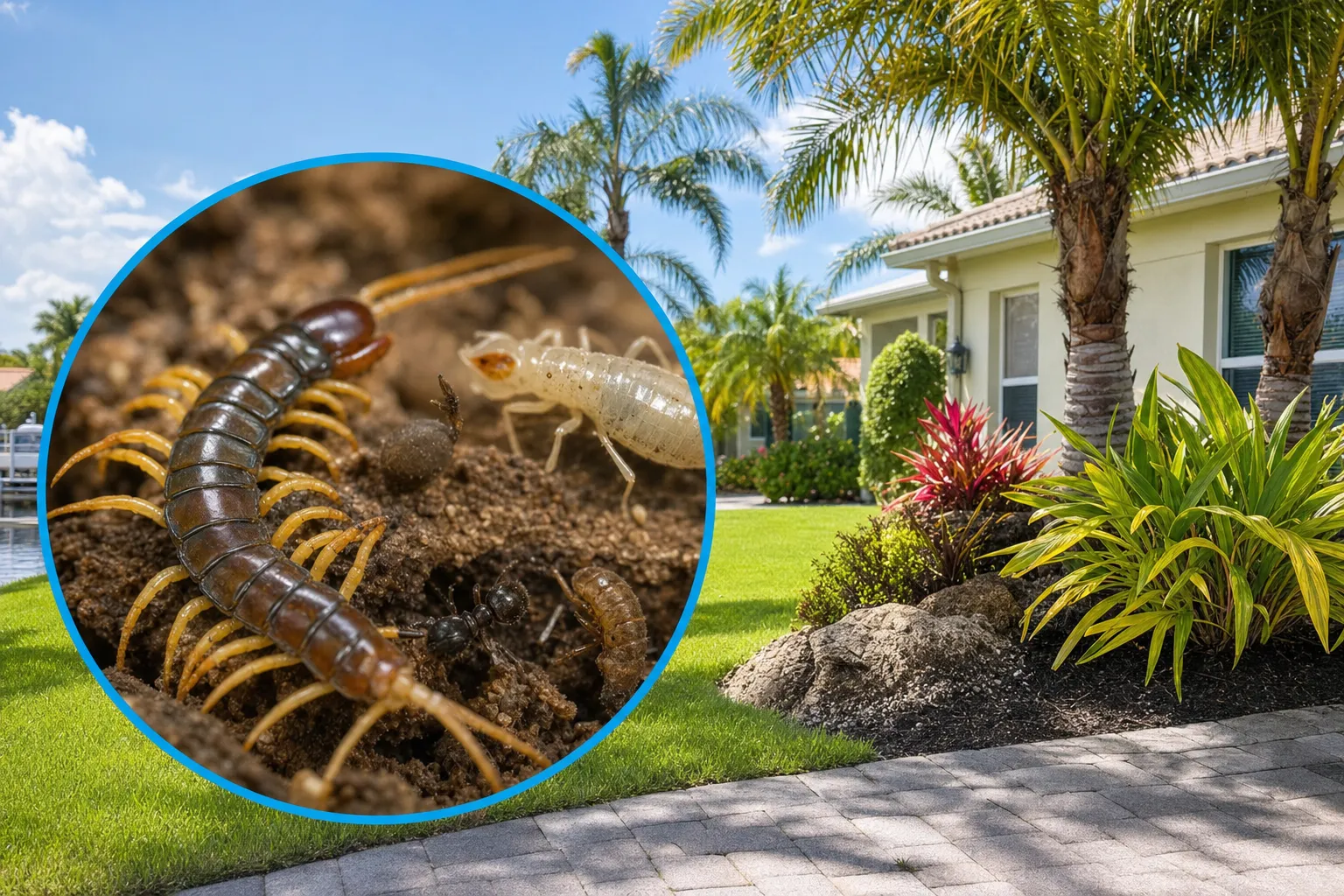 Close-up of a large centipede hunting prey in garden soil, inset over a Southwest Florida yard with palms and a paver walkway