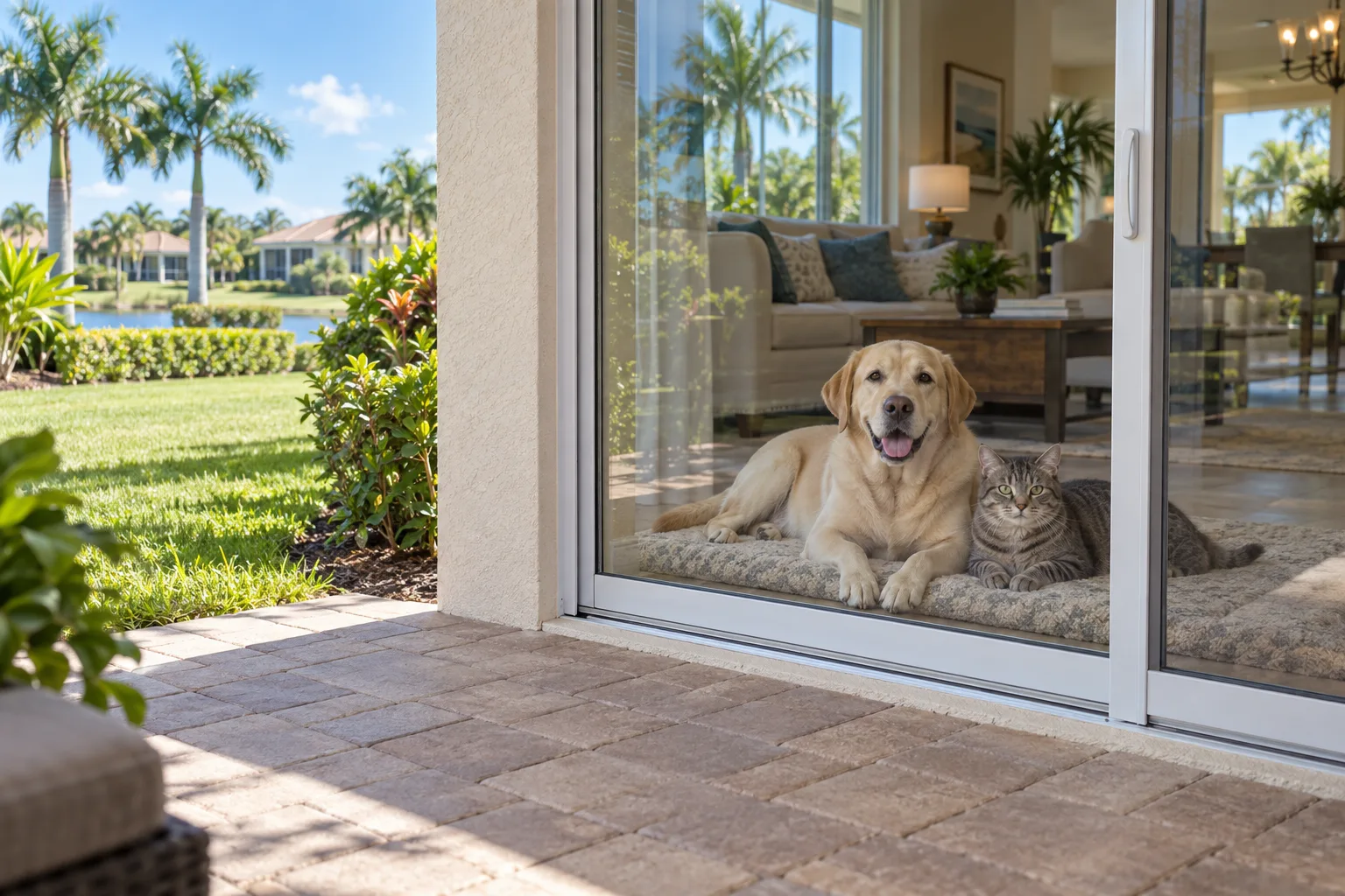 A Labrador and tabby cat rest indoors behind a closed sliding door overlooking a sunny Florida yard