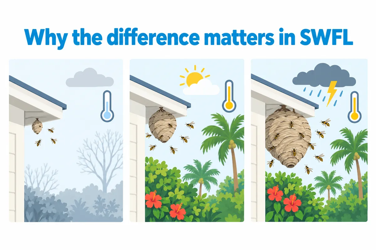 Three panels showing a growing paper wasp nest under a house eave with flying insects, palms, and changing weather.