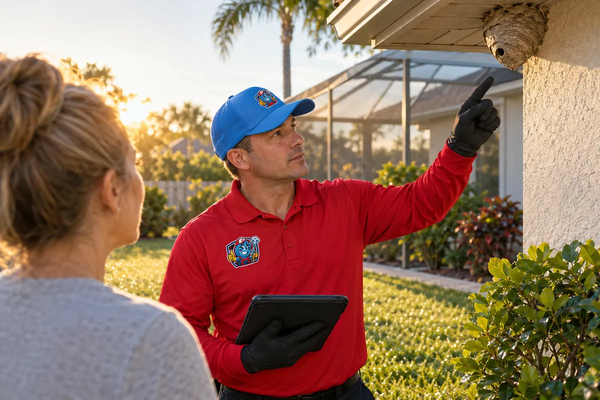 Pest control technician in red shirt and blue cap points to a paper wasp nest under a home's eave while a woman watches.