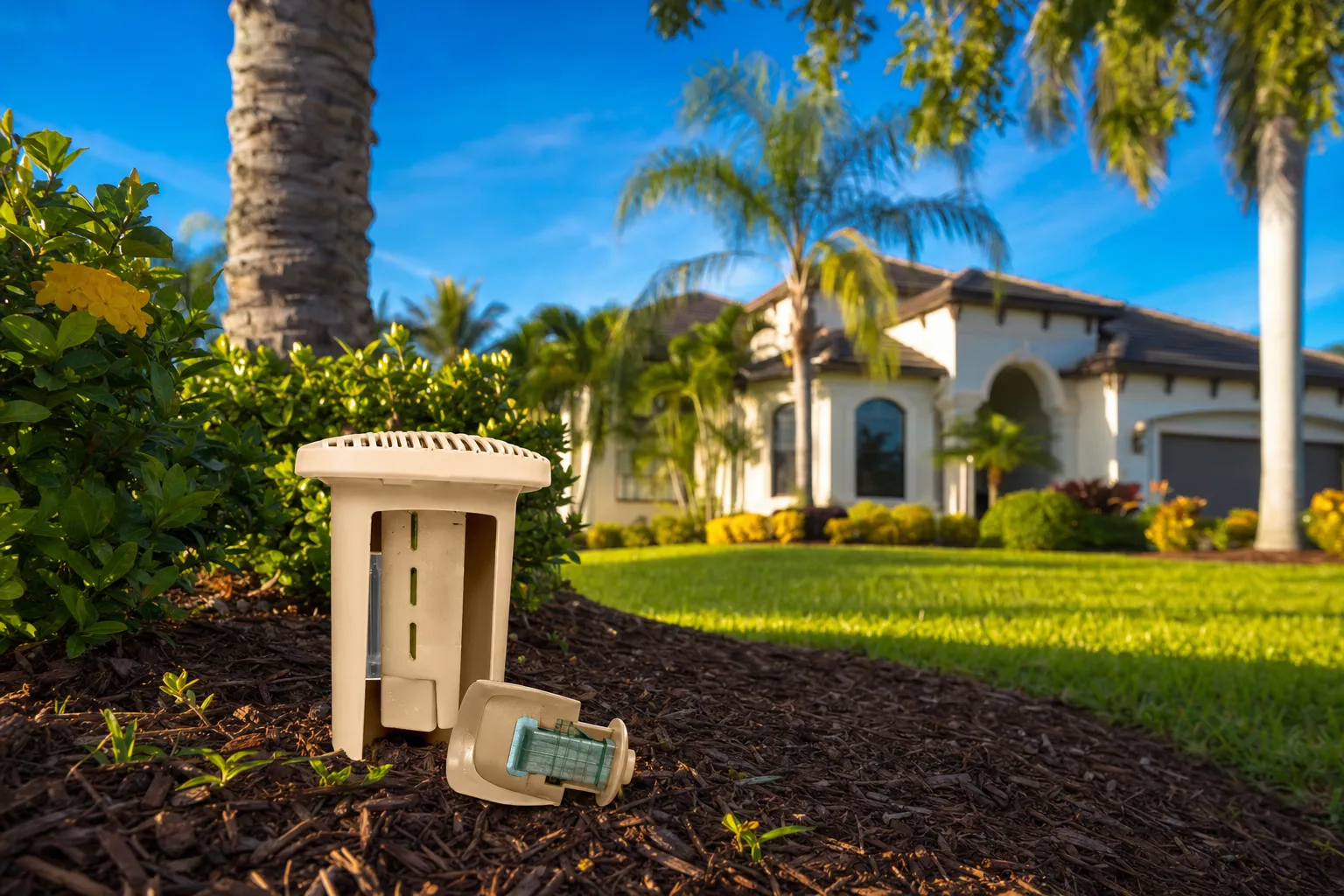 In-ground termite bait station installed flush with mulch along a Southwest Florida home perimeter