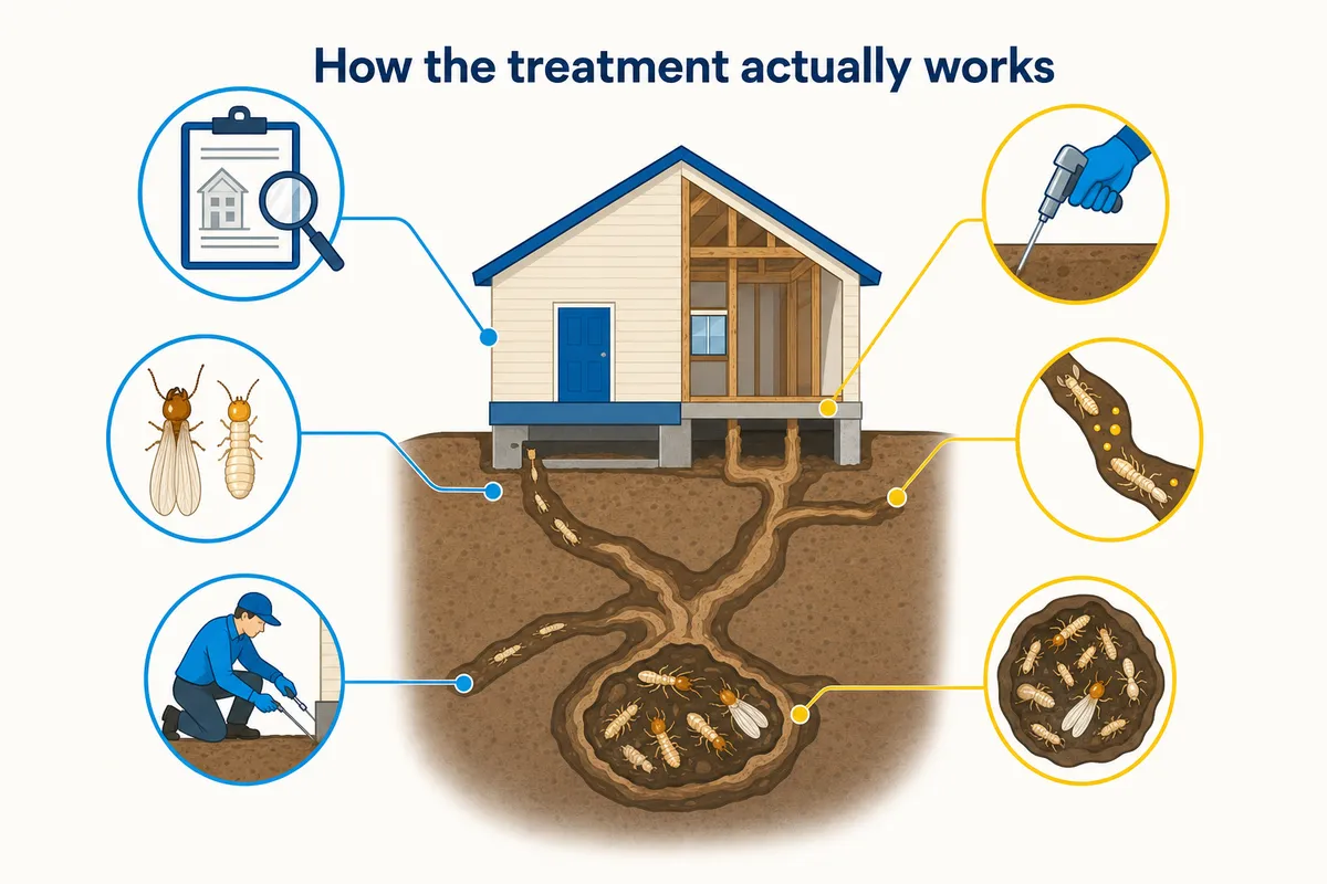 Cutaway illustration of a house showing termites, underground tunnels, a nest, and treatment steps.