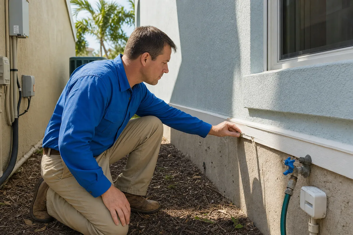 Man in blue shirt kneeling by a home's exterior foundation inspecting the wall below a window.