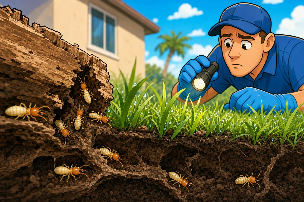 Inspector in blue cap and gloves shining a flashlight at termites in soil and wood near a house and palm tree.
