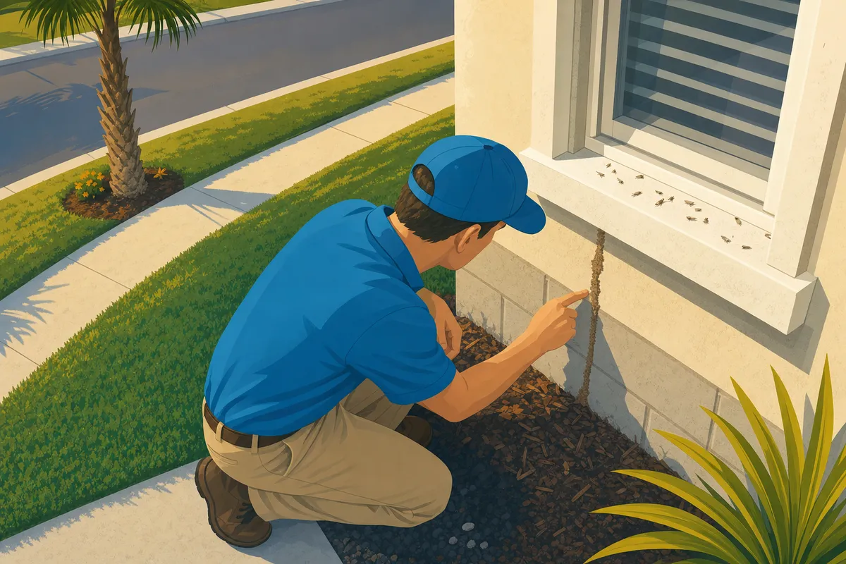 Man in blue shirt and cap kneeling by a house foundation pointing at a mud tube with insects on the wall.