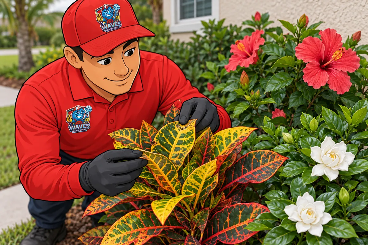 Worker in red cap and shirt with gloves inspecting a croton plant near red and white flowers outside a house.
