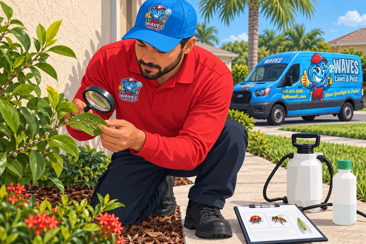 Technician in red shirt and blue cap examining a leaf with a magnifying glass beside a sprayer and service van.