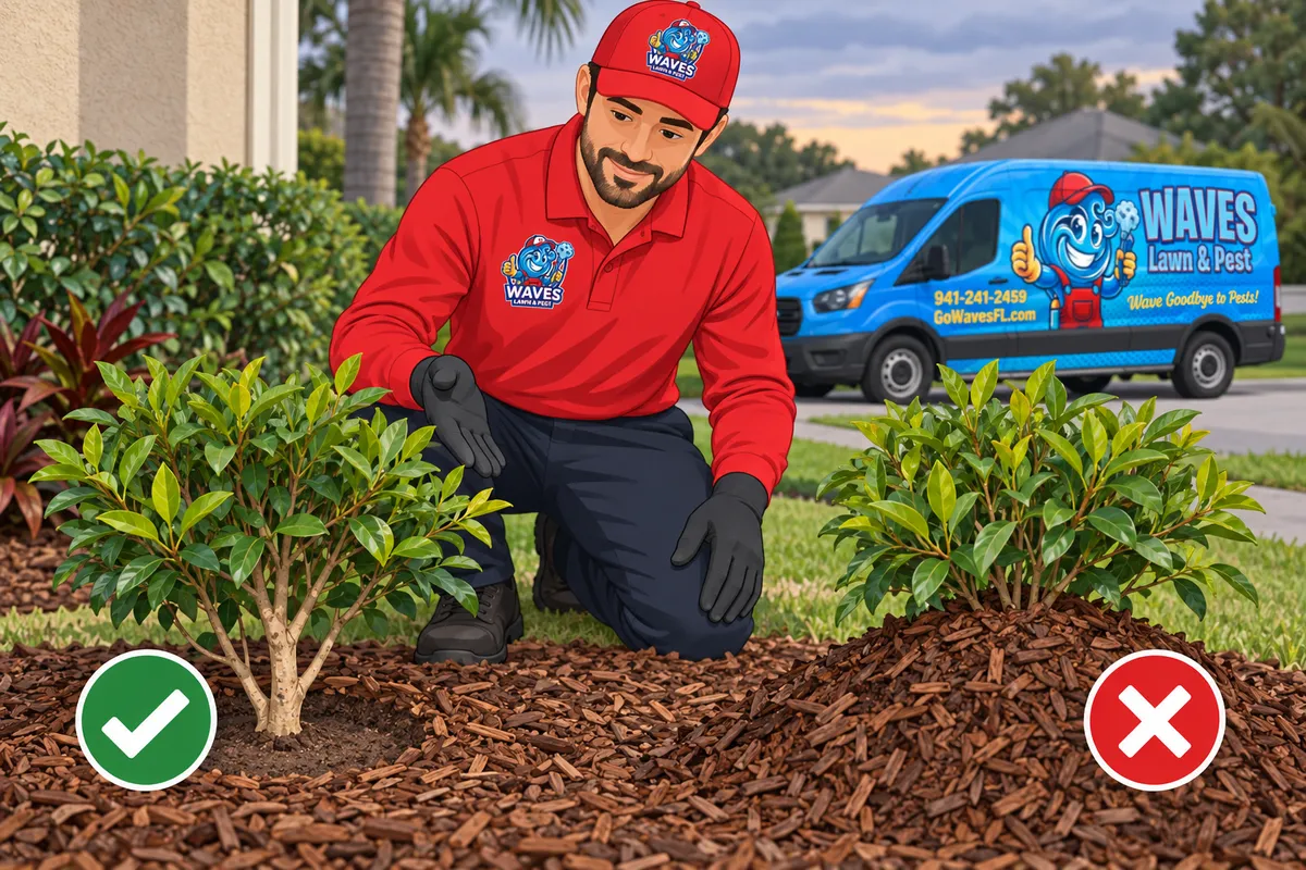 Technician in red shirt kneeling by a shrub with proper mulch marked green and a mulch mound marked red.