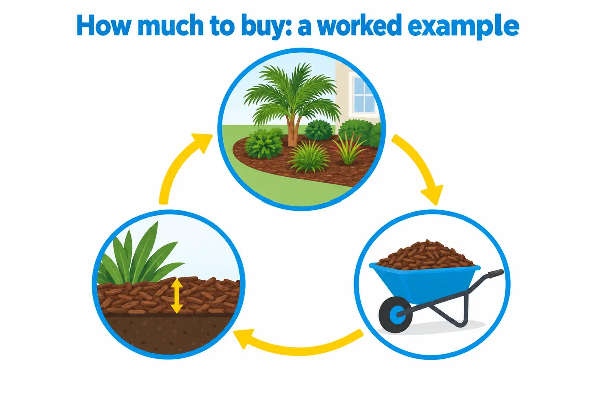 Three-circle cycle showing a mulched garden bed with palm and shrubs, a wheelbarrow of mulch, and mulch depth.