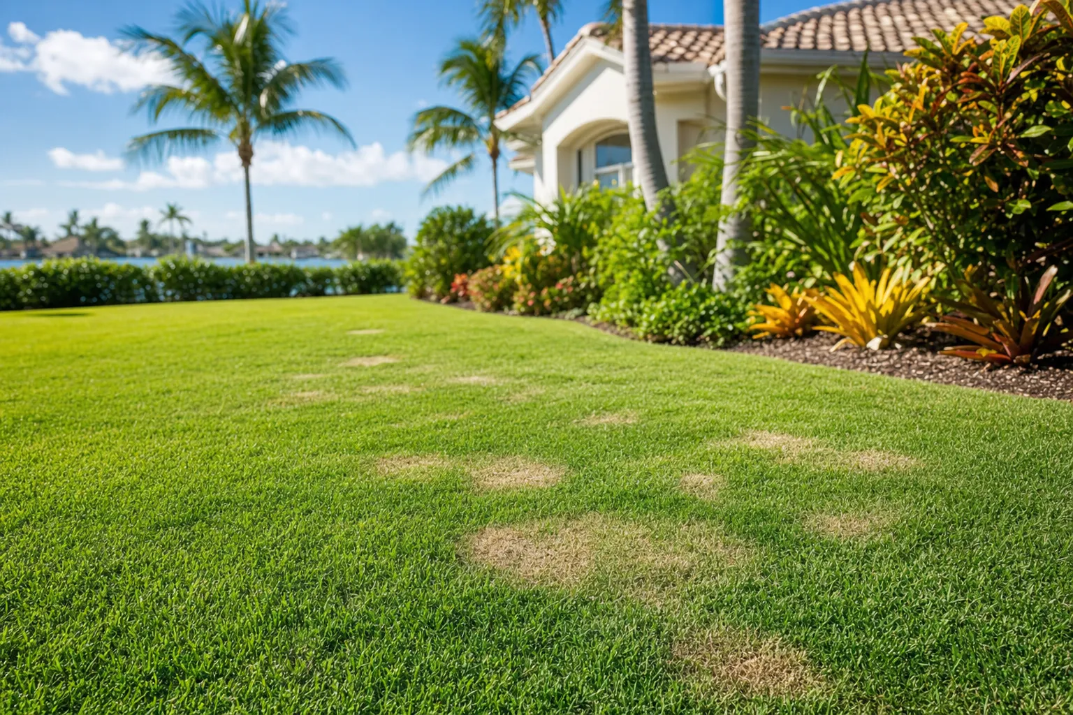 Dollar spot fungus damage on a Southwest Florida lawn